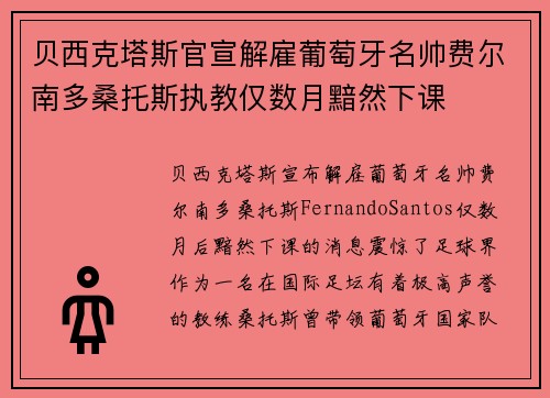 贝西克塔斯官宣解雇葡萄牙名帅费尔南多桑托斯执教仅数月黯然下课